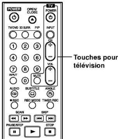 POWER OPEN/ CLOSE TV/DVD 3D SURR PIP POWER INPUT 1 2 3 4 5 6 7 8 9 INPUT 0 MUTE AUDIO SUBTITLE ANGLE REC REC MODE TIMER REC SCAN SKIP PAUSE/STEP STOP Touches pour télévision