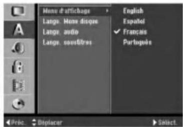 Menu d'attichage Large Hens disque Large audio Large sounditres English Españel Français Portugique Price Displacer Select.