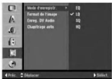 Mode d'etreregistr Format de l'image Energ. DV Audio Chapetrage arts EQ LQ SQ HQ Pric. Déplacer Select