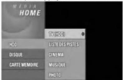 MEDIA HOME TV(HDD) HOO DISQUE CARTE MEMOIRE LISTE DES PISTES CINEMA MUSIQUE PHOTO