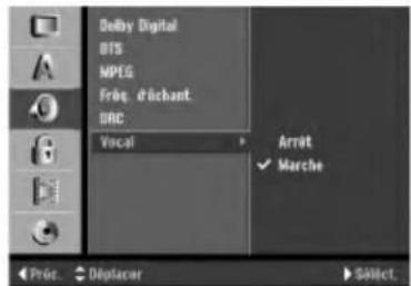Delby Digital BTS MPEG Froq. d'uchant. SRC Vocal Arrot √ Marche Pré. Déplacer Select.