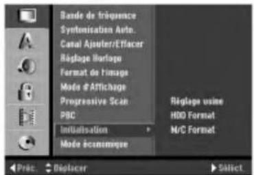 Bande de fréquence Synthonisation Auto. Canal Ajouter/Effacer Réglage Burloge Format du l'image Mode d'Attichage Progressive Scan PBC Initisation Mode Ecosystem Réglage usine HDD Format M/C Format Prés. Déplacer Sûlect