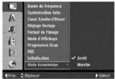 Bande de fréquence Symnisation Auto Casal Ajouter/Effacer Réglage Horloge Format de l'image Mode d'Affichage Progressive Scan PBC Initiisation Mode économique Arrêt Mércho Préc. Déplacer Sèflect