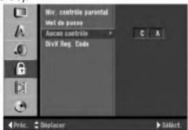 Niv. contrôle parental Met de passe Autocou contrôle DevX Reg. Cede C A Pric. Déplacer Select.