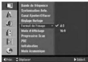 Bande de fréquence Synthonisation Auto. Canal Ajouter/Effacer Réglage Hertage Format de l'image Mode d'Affichage Progressive Scan PBC Initiatisation Mode économique 4:3 16:9 Pric. Déplacer. Select.