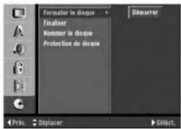 Formater le disque Finaliser Nommer le disque Protection du disque Démarrer Pré. Déplacer Siféct.