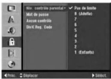 Mnr. contrôle parental Mist de passe Ascun contrôle DivX Reg. Cada Pas de limite 8 (Aouta) 7 6 5 4 3 2 1 (Enfants) Pric. Displacer Select.