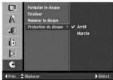 Formater le disque Finéiser Nommer le disque Protection de disque ▶ Arrêt Marche Préc Déplacer Série