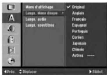 Menu d'affichage Langs. Menu d'arque Langs. auvie Langs. couvôtres Original Anglais Français Espagneal Portugais Corden Japonais Chinois Autres ---- Pric. Displacer Select