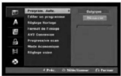 Program. Auto. Étiter un programmé Réplage horloge Format de l'image AV2 Conversion Progressive scan Mode économique Réplage usie Subgroupe Éticateur 4 Préc. Sélectionner 5 Farmer