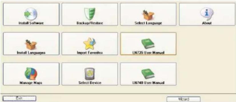 Install Software Backup/Restore Select Language About Install Languages Import Favorites LN73S User Manual Manage Maps Select Device LN740 Uses Manual Exit Wizard