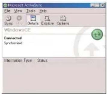Microsoft ActiveSync File View Tools Help Sync Buy Details Explore Options WindowsCE Connected Synchronized Information Type Status