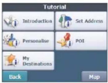 Tutorial Introduction Set Address Personalise POI My Destinations Back Map