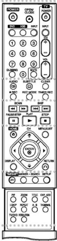 POWER OPEN/ CLOSE DVD 100 INPUT 1 2 3 4 5 6 7 8 9 DUBBING 0 MUTE AUDIO SUBTITLE CLEAR ● REC REC MODE TIMER REC SCAN SKIP PAUSE/STEP PLAY STOP HOME CH MENULIST ENTER DISPLAY RETURN TIMESHFT MARKER - SEARCH SETUP PF ZOOM TITLE CHP ADD LSKIP REPEAT A-B THINMUL TVOVID REDUCTION