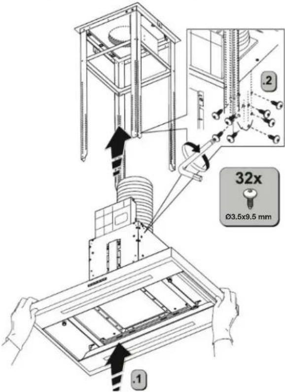 Technical diagram illustrating a mechanical assembly with labeled parts and dimensions, including a 32x magnified view.