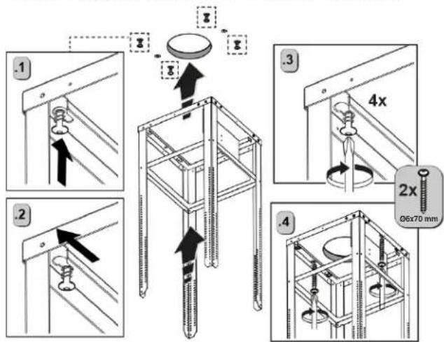 Technical diagram illustrating four steps of a mechanical assembly with labeled components and dimensions