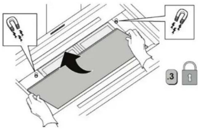 Diagram illustrating a mechanical or electrical component with labeled parts and directional arrows, including a lock icon and numbered instructions.
