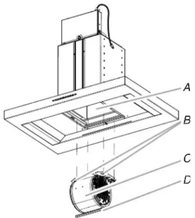 Technical diagram of a mechanical device with labeled components A, B, C, and D