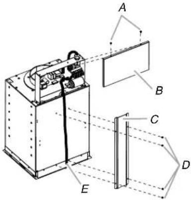 Technical diagram of a device with labeled components A, B, C, D, and E, showing internal structure and assembly.