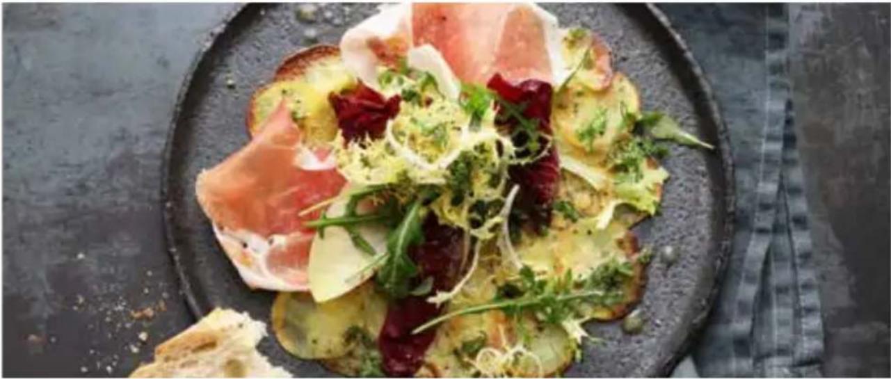 GRAEF SKS700 - Potato carpaccio with ham and bitter salads - 1