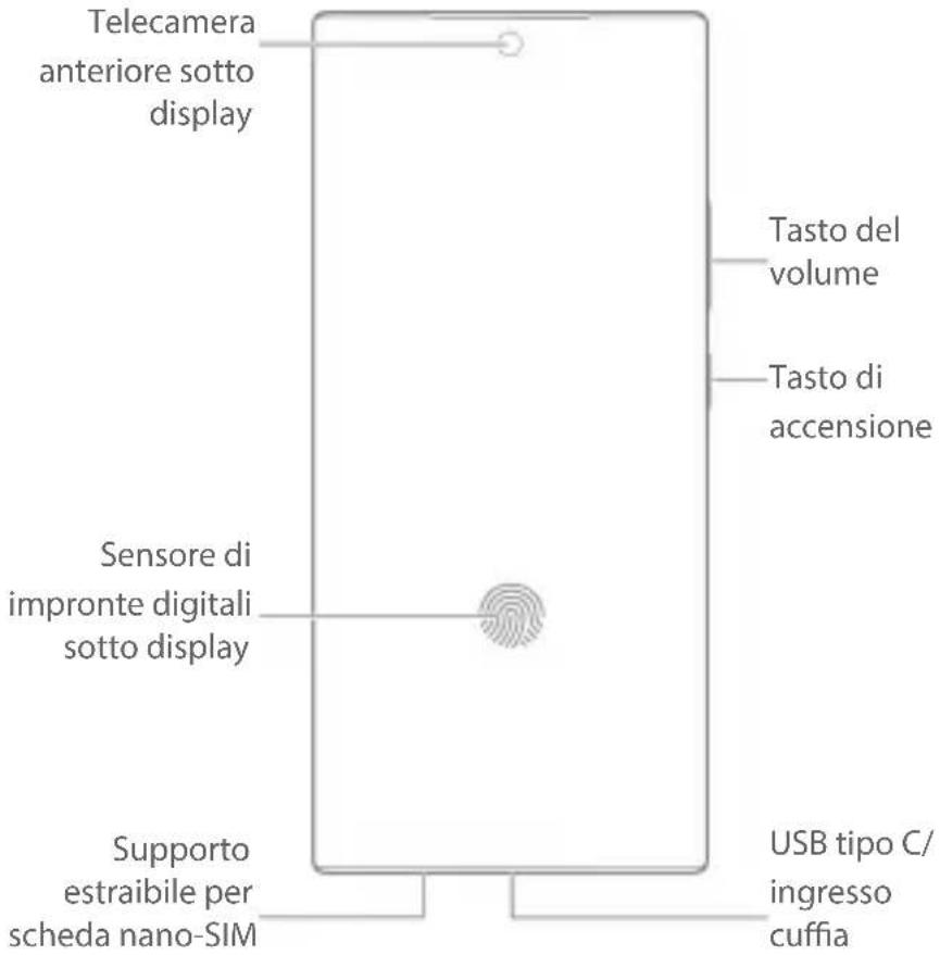 Telecamera anteriore sotto display Tasto del volume Tasto di accensione Sensore di impronte digitali sotto display Supporto estraibile per scheda nano-SIM USB tipo C/ ingresso cuffia