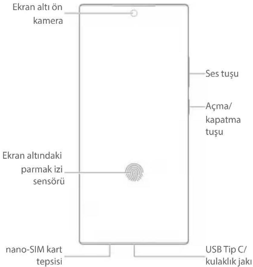 Ekran altı ön kamera Ekran altındaki parmak izi sensörü nano-SIM kart tepsisi Ses tuşu Açma/ kapatma tuşu USB Tip C/ kulaklık jaki