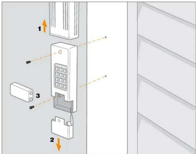 Diagram of a refrigerator door panel with labeled parts and directional arrows indicating assembly or installation.
