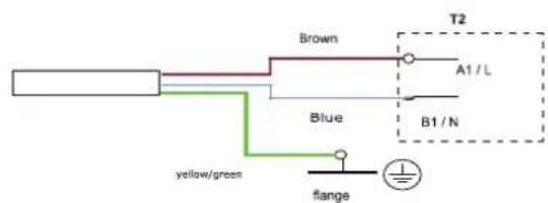 Brown A1 / L Blue B1 / N yellow/green flange
