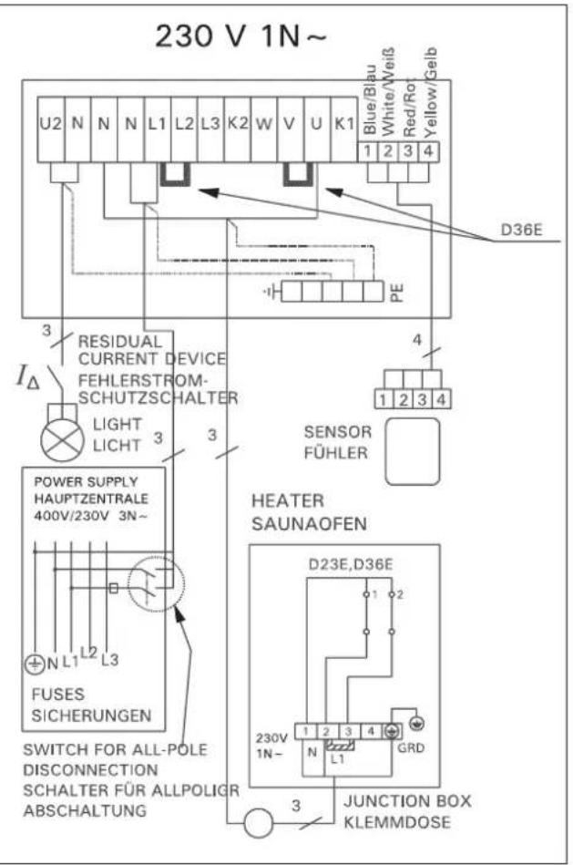 HARVIA Delta D23 HD230400 - Anschluß des Steuergerätes und der Fühler (D-E) - 2