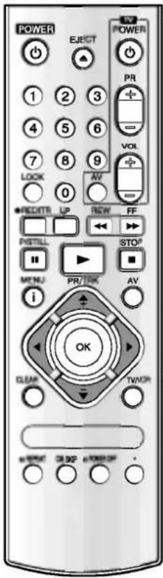 POWER EJECT POWER 1 2 3 PR + - 4 5 6 VOL 7 8 9 AV LOCK 0 RECUTR UP NEW FF PSTILL MENU PR/OK STOP i AV OK CLAM TWOR +/- OFF +/BP +/OR/OP -