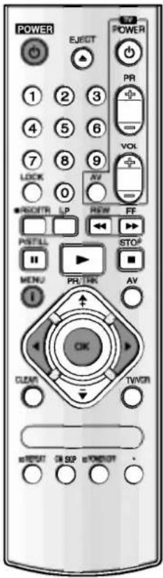 POWER EJECT POWER 1 2 3 PR 4 5 6 VOL 7 8 9 AV LOCK 0 PRODTR LP NEW FF PRTILL STOP MENU PR/TWR AV I OK CLEAN TWOR INPUT OK SOP ORDER