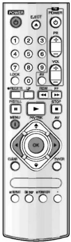 POWER EJECT POWER 1 2 3 PR + - VOL 7 8 9 AV LOCK 0 +RESET UP REW FF PSTILL MENU PR/TEK AV OK CLEAR TVCR MSP POWER