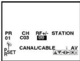 PR CH RF+/- STATION 01 C03 00 P SET CANAL/CABLE : AV R ▲▼▶▶ OK