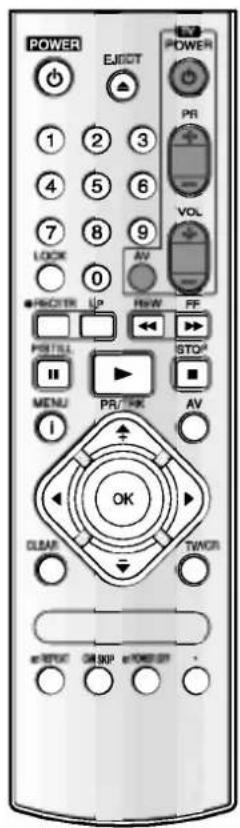 POWER EJECT POWER 1 2 3 PR 4 5 6 VOL 7 8 9 AV LOCK 0 RECITER UP HxW FF POTILL STOP MENU PR/10K AV I OK CLEAR TWOR e-RETUCT OR SOP e-TIME OFF