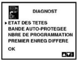 DIAGNOST ► ETAT DES TETES BANDE AUTO-PROTEGEE NBRE DE PROGRAMMATION PREMIER ENREG DIFFERE OK