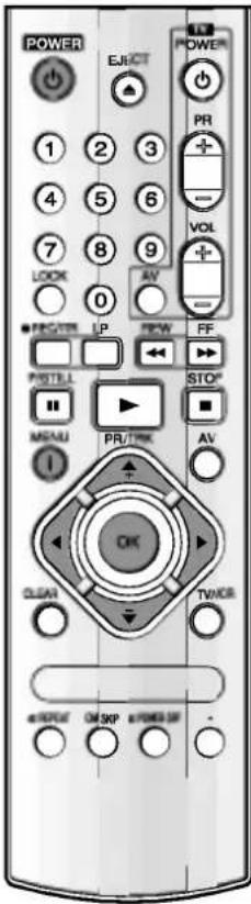 POWER EJECT POWER 1 2 3 PR + - 4 5 6 VOL + 7 8 9 LOCK 0 AV ■ PROVER LP REW FF ■ STILL ■ STOP MENU PR/TNK ■ I AV OK CLEAN TV/WR ■ OUTPUT OM SOP ■ POWER SF -