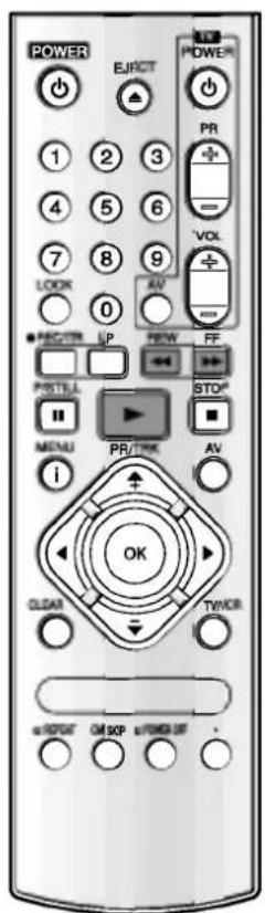 POWER EJECT POWER 1 2 3 4 5 6 7 8 9 LOCK 0 REC/TR UP NEW PF PSTILL MENU PR/TWK AV STOP® i OK CLEAR TWOER OUTPUT OR SCP &/TOMS UT
