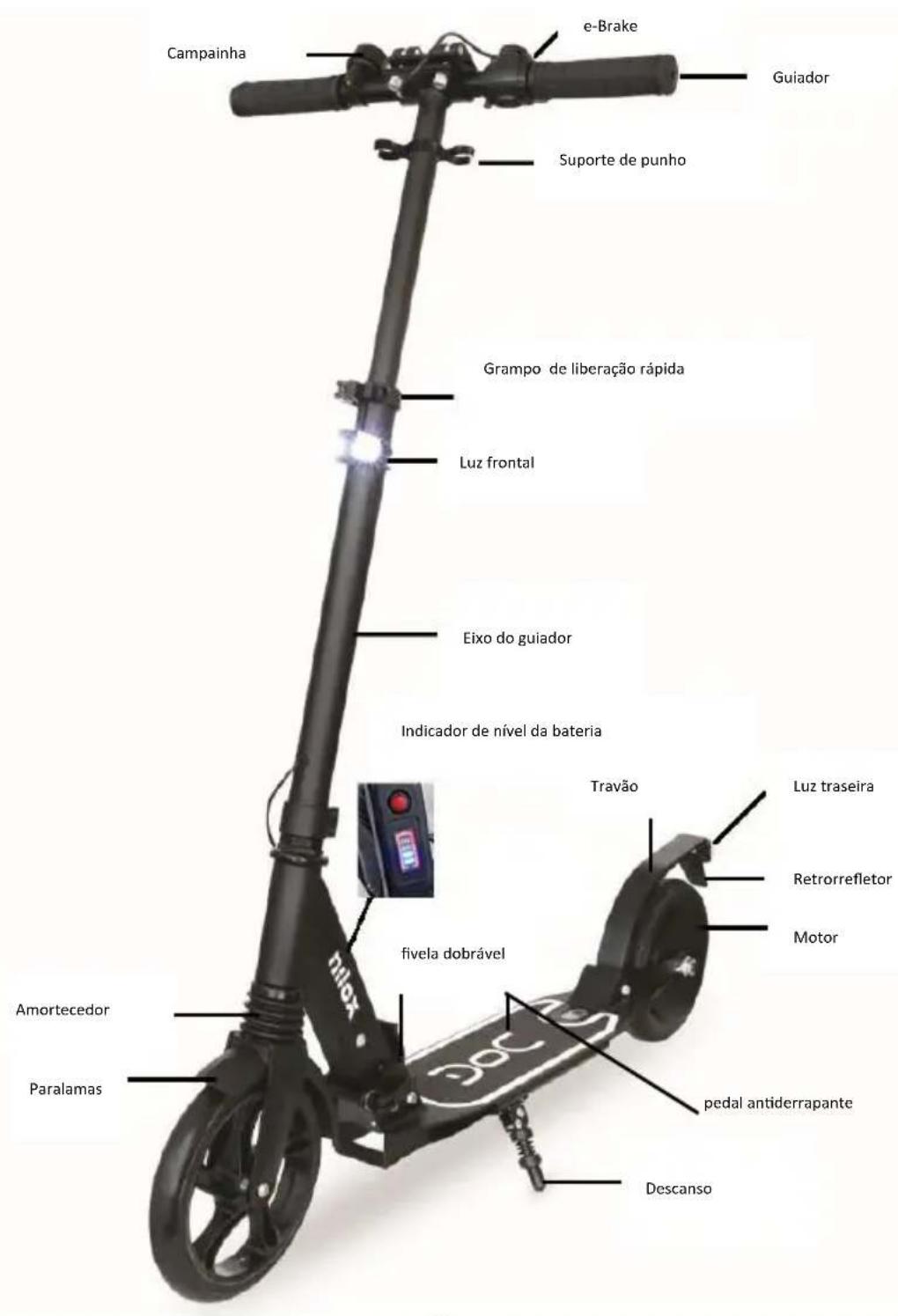 Campainha e-Brake Guiador Suporte de punho Grampo de liberação rápida Luz frontal Eixo do guiador Indicador de nível da bateria Travão Luz traseira Retrorrefletor Motor fivela dobrável amortecedor Paralamas pedal antiderrapante Descanso