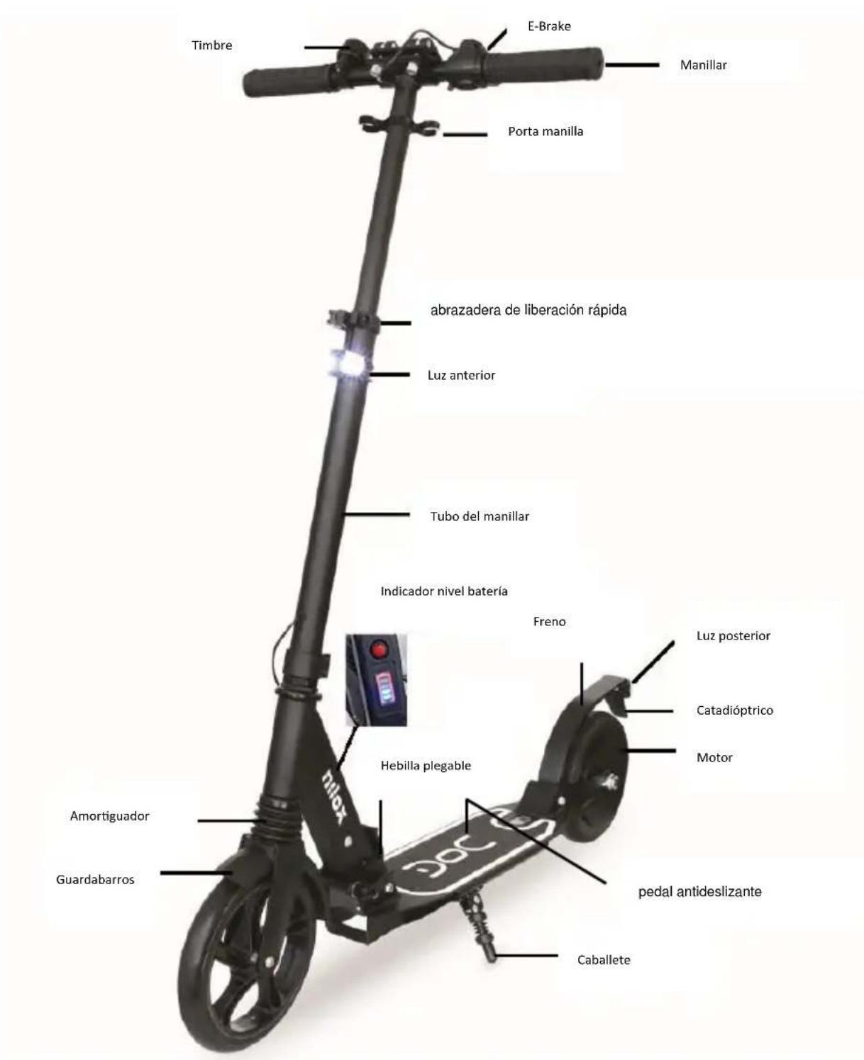 Timbre E-Brake Manillar Porta manilla abrazadera de liberación rápida Luz anterior Tubo del manillar Indicador nivel batería Freno Luz posterior Catadióptrico Motor Hebilla plegable Amortiguador Guardabarros pedal antideslizante Caballete