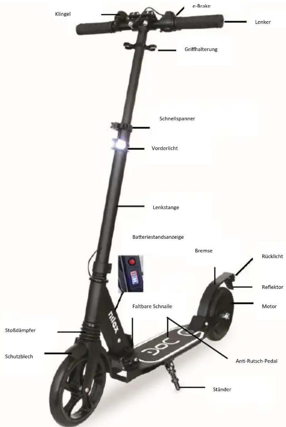 Klingel e-Brake Lenker Griffhalterung Schnellspanner Vorderlicht Lenkstange Batteriestandsanzeige Bremse Rücklicht Reflektor Motor Faltbare Schnalle Stoßdämpfer Schutzblech Anti-Rutsch-Pedal Ständer