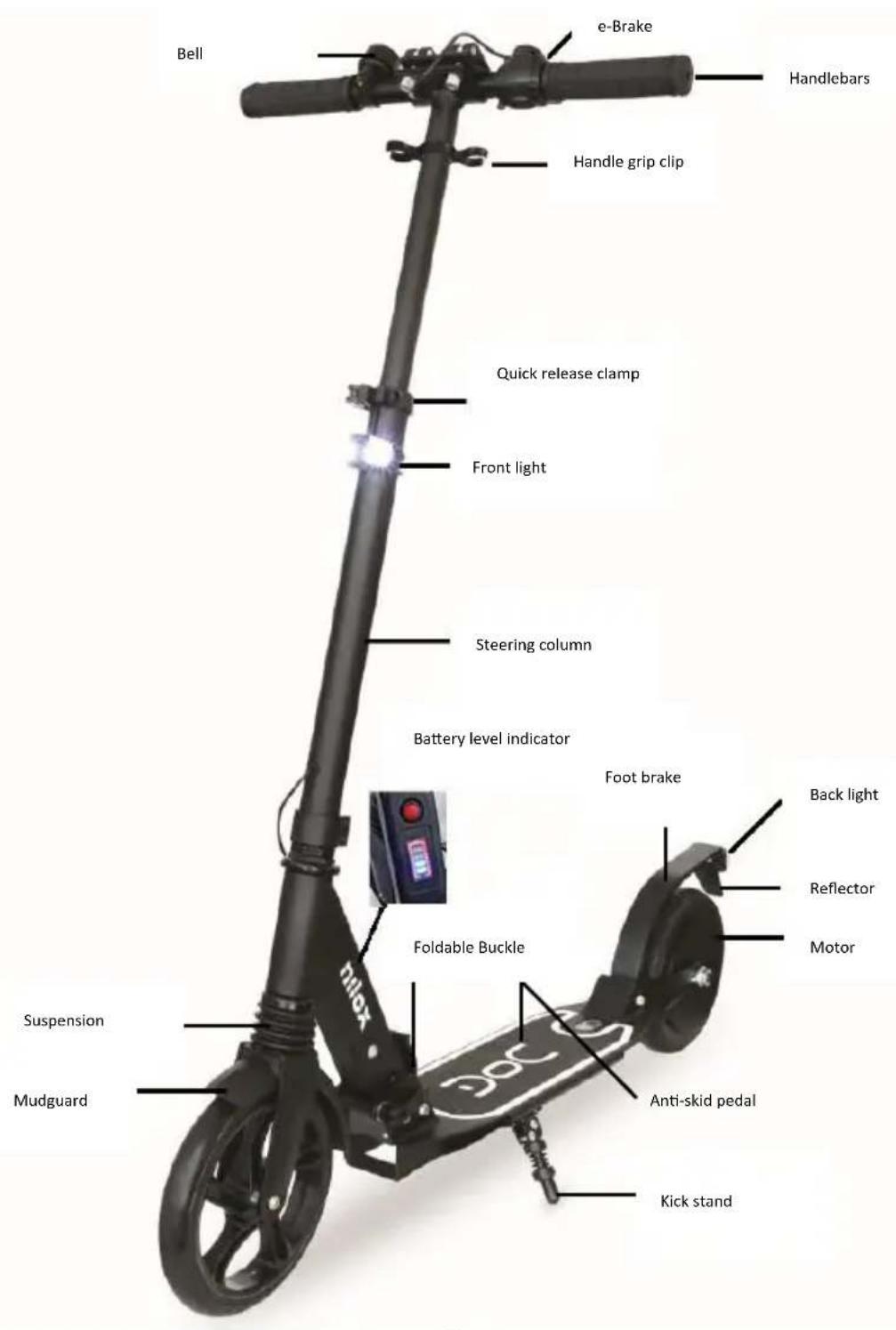 Bell e-Brake Handlebars Handle grip clip Quick release clamp Front light Steering column Battery level indicator Foot brake Back light Reflector Motor Foldable Buckle Anti-skid pedal Kick stand Suspension Mudguard