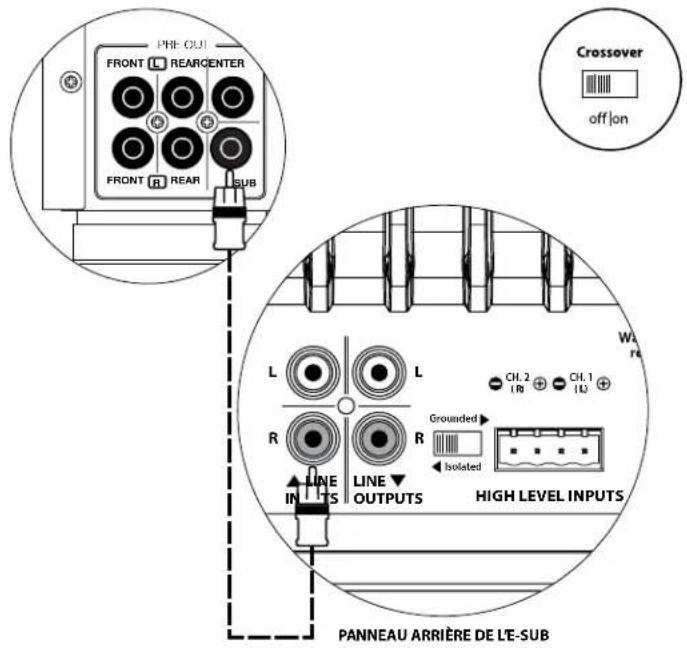 JL Audio ESub - CONNEXION DU SYSTÈME (SCHÉMA 1) : Un E-Sub connecté au récepteur home cinéma ou au préampli / processeur home cinéma - 1