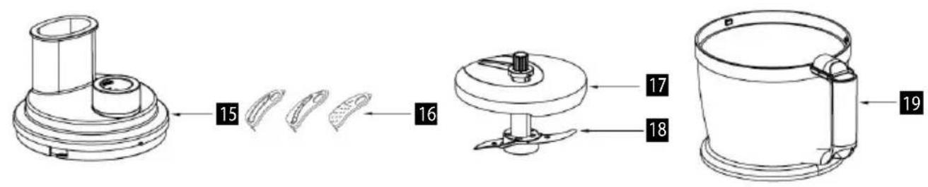 Technical diagram showing the assembly of a kitchen tool with numbered parts and directional arrows indicating assembly steps.