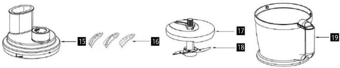 Technical diagram showing three-step assembly of a kitchen tool, labeled with component numbers 15, 16, 17, and 18, plus component 19.