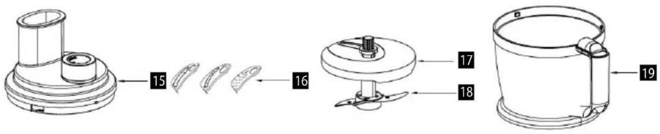 Technical diagram showing three-step assembly of a kitchen tool, labeled with component numbers 15, 16, 17, and 18, and 19.