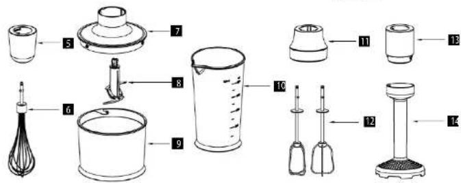 Labeled diagram of kitchen utensils and equipment including a brush, cup, measuring cup, and stand with numbered parts