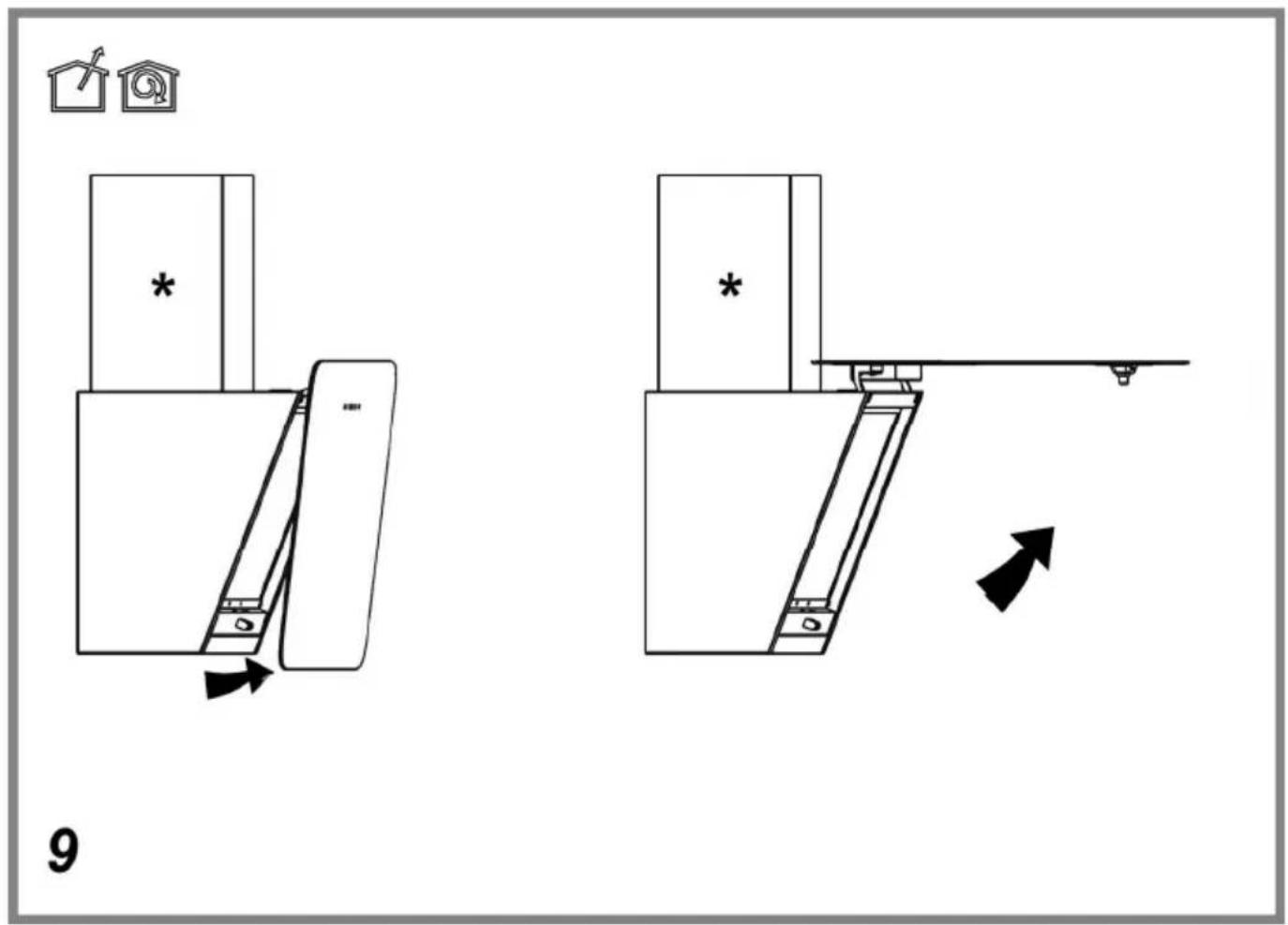 Diagram illustrating a door hinge mechanism with labeled components and directional arrows, including a house icon and a page number 9.