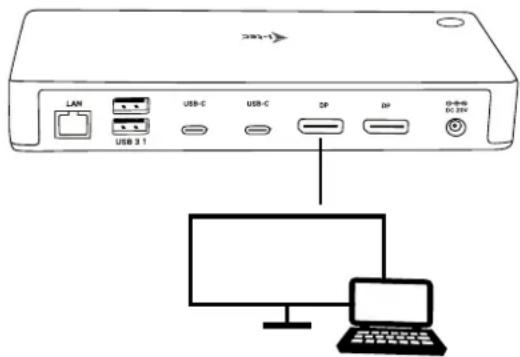 Diagram of a device rear panel with labeled ports and connected to a computer and laptop via a network interface.