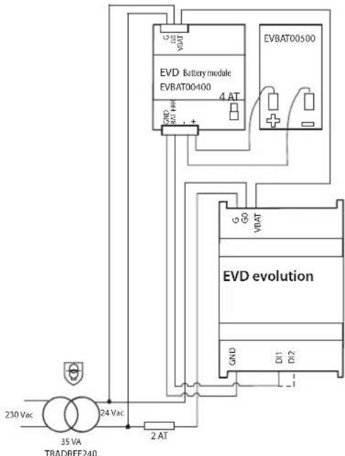 230 Vac 35 VA TRADRFE240 24 Vac 2 AT GND VBAT EVD Battery module EVBAT00400 4 AT GND VBAT EVBAT00500 G GO VBAT EVD evolution GND D11 D12