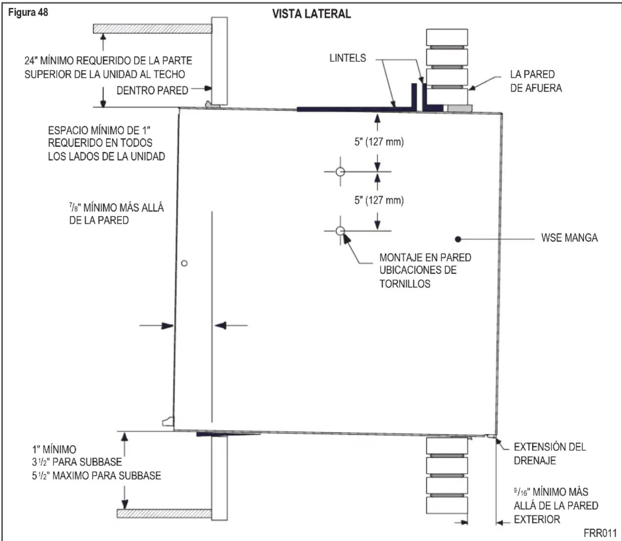 Figura 48 VISTA LATERAL 24" MÍNIMO REQUERIDO DE LA PARTE SUPERIOR DE LA UNIDAD AL TECHO DENTRO PARED ESPACIO MÍNIMO DE 1" REQUERIDO EN TODOS LOS LADOS DE LA UNIDAD 7/8" MÍNIMO MÁS ALLÁ DE LA PARED 5" (127 mm) 5" (127 mm) MONTAJE EN PARED UBICACIONES DE TORNILLOS WSE MANGA 1" MÍNIMO 3 1/2" PARA SUBBASE 5 1/2" MAXIMO PARA SUBBASE EXTENSIÓN DEL DRENAJE 9/16" MÍNIMO MÁS ALLÁ DE LA PARED EXTERIOR FRR011